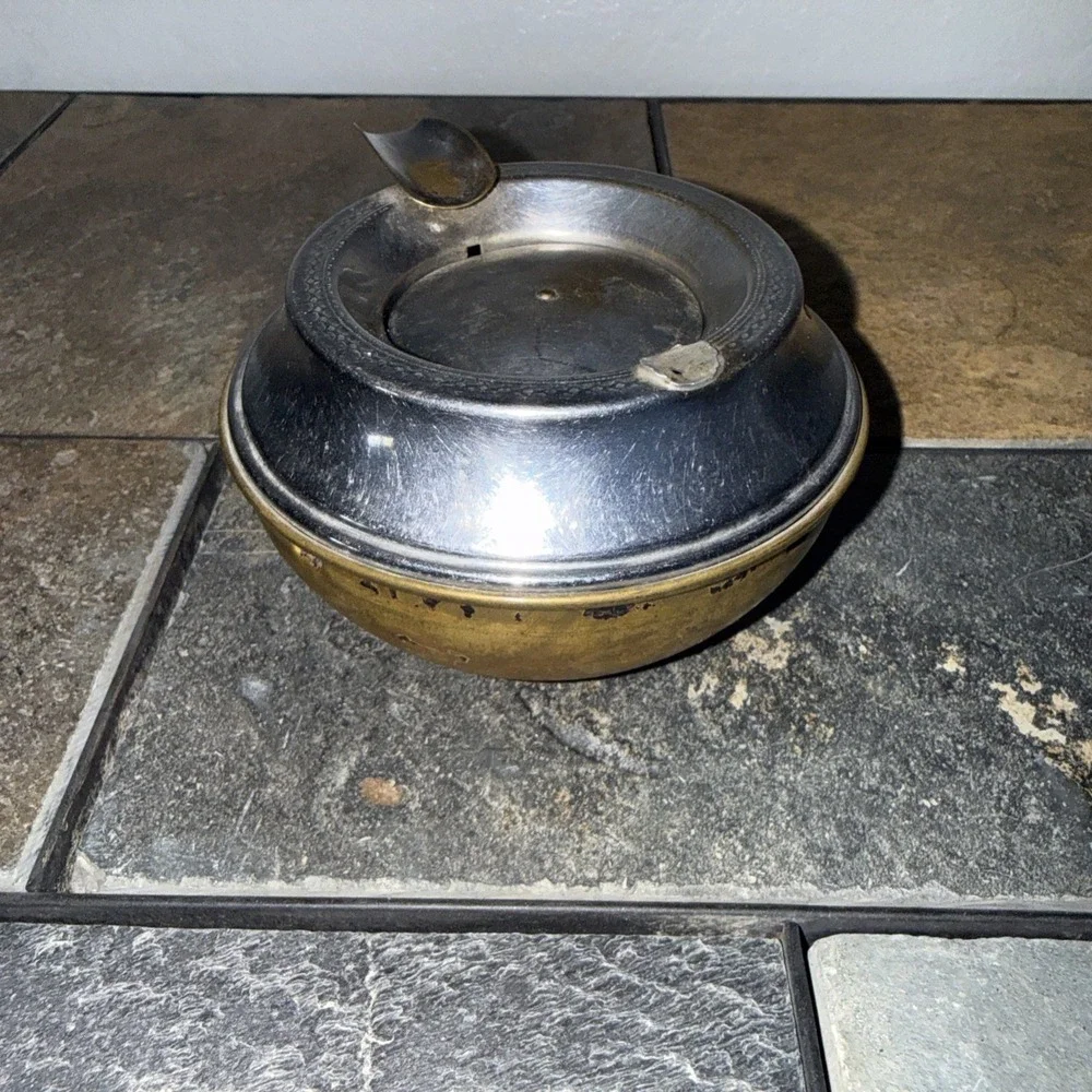 Vintage MCM Silent Butler Ashtray Chrome and Brass‎ Two Tone Metal Tobacciana